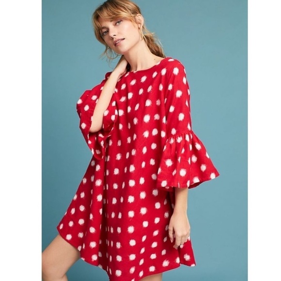 NWT Anthropologie Norblack Norwhite Polka Dot Bell-Sleeve Dress in Red Sz XS/S - Picture 2 of 13
